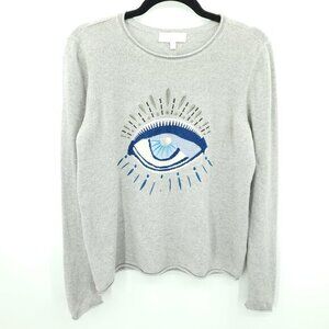 Lisa Todd 100% Cashmere Embroidered Evil Eye Rolled Hem Sweater M Gray/Blue